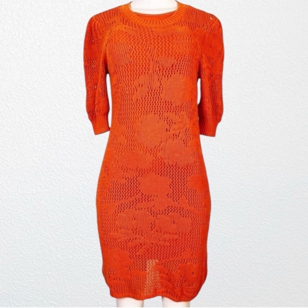 Anthropologie Maeve Pointelle Knit 3/4 Sleeve Dress SZ XS Spicy Orange - Picture 3 of 11